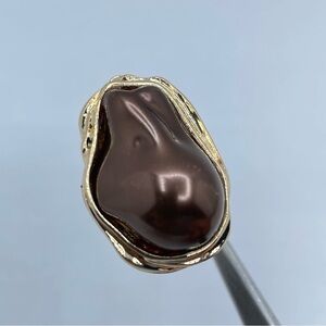 Gold Brown Faux Baroque Pearl Statement Adjustable Bold Modern Ring Size 7